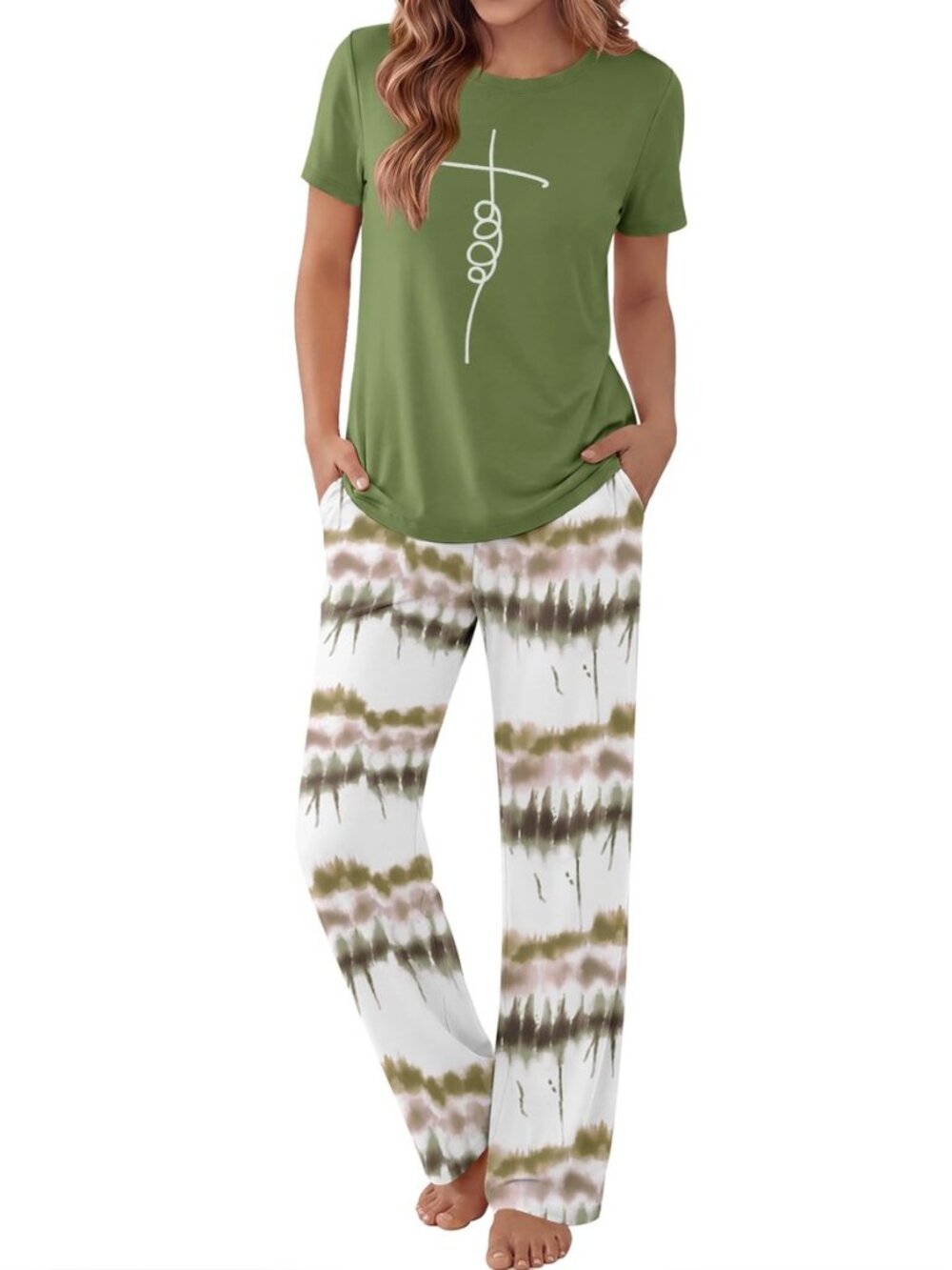 Pajama Set for Women 2 Piece Pjs Short Sleeve Top and Printed Pants